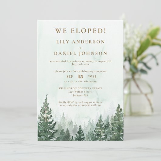 We zijn weggelopen Waterverf Pine Forest Elopement Kaart (Staand voorkant)