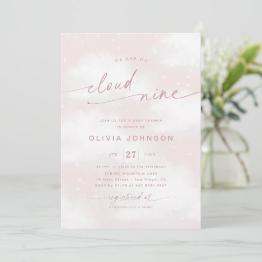 We zitten op Cloud 9 Dreamy Pink Baby shower Kaart (Staand voorkant)
