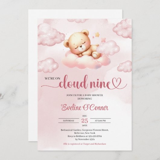 We zitten op de wolk negen waterverf roze teddybee kaart (Voorkant / Achterkant)