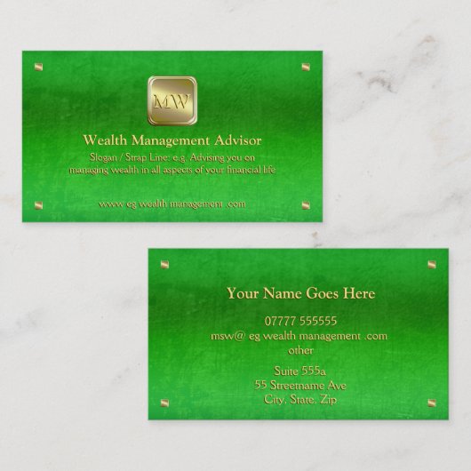 Wealth Advisor, Gold-naamplaat, groen lederen uite Visitekaartje (Voorkant / Achterkant)