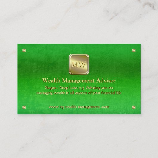 Wealth Advisor, Gold-naamplaat, groen lederen uite Visitekaartje (Voorkant)