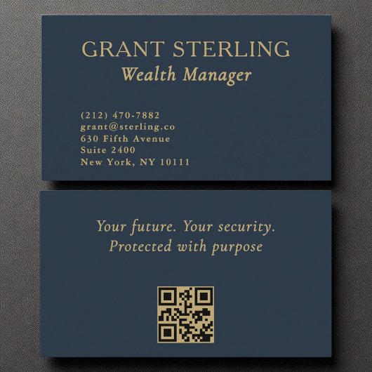 Wealth Manager Minimalist Navy Blue Gold QR-code Visitekaartje
