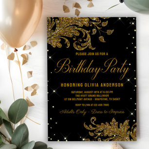 Weans Black Gold Swirl Birthday Party Invitation Kaart