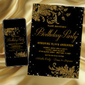 Weans Black Gold Swirl Birthday Party Invitation Kaart