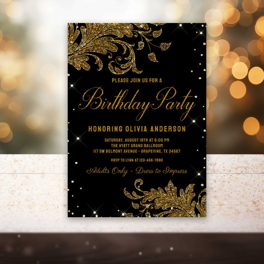 Weans Black Gold Swirl Birthday Party Invitation Kaart