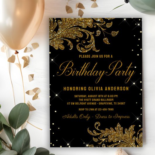 Weans Black Gold Swirl Birthday Party Invitation Kaart