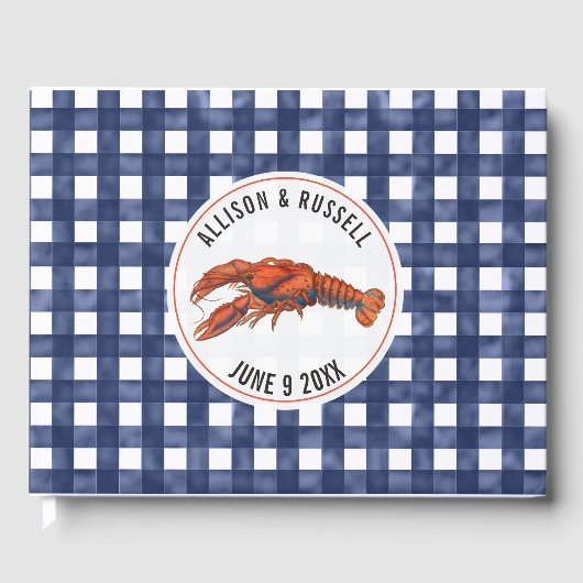 Weathered Blue Gingham Lobster Coastal Wedding Gastenboek (Voorkant)