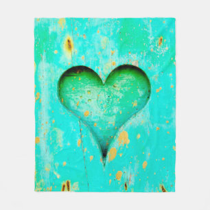 Weathered Blue Peeling Paint Wood Heart Symbol Fleece Deken