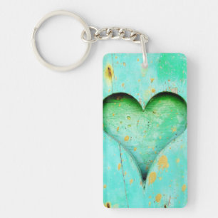 Weathered Blue Peeling Paint Wood Heart Symbol Sleutelhanger