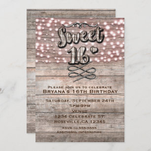 Weathered Rustic Wood & Lights SWEET 16 Uitnodigin Kaart