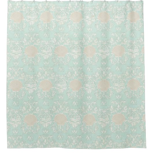 Weathered Scallop Shell Beach Damask Pattern Aqua Douchegordijn (Voorkant)