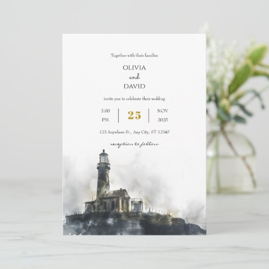 Weathered Seaside Lighthouse Island Beach bruiloft Kaart (Staand voorkant)