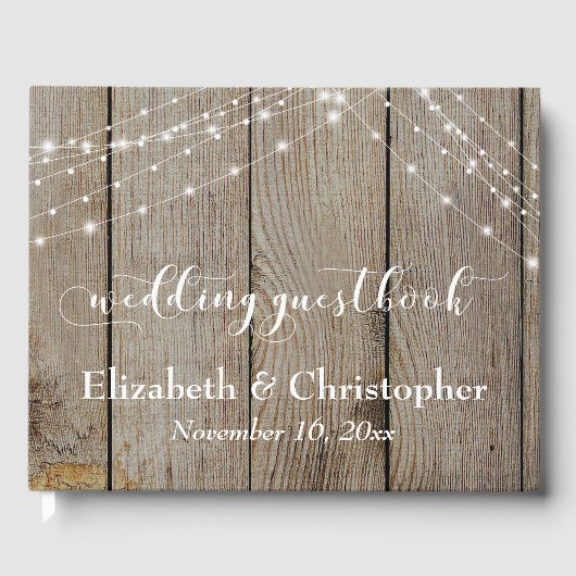 Weathered Wood & Light Strings Wedding Gastenboek (Voorkant)