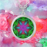 Weave Mandala Pink Blue en Green Zilver Vergulden Ketting<br><div class="desc">Deze funky mandala heeft roze,  blauw en groen in een mand-weefstijl. Psychedelische visuals voor de moderne hippie of iedereen die van grove kleuren houdt.</div>