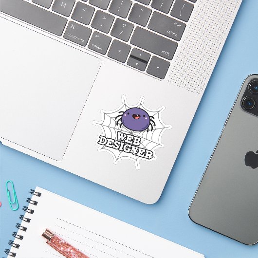 Web Designer Funny Spider Pun Sticker (Laptop met iPhone)