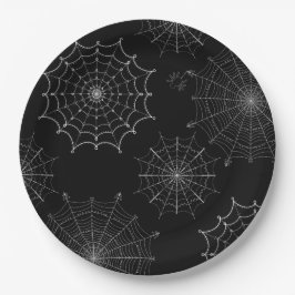 Webs met zwarte en witte halloween spin papieren bordje