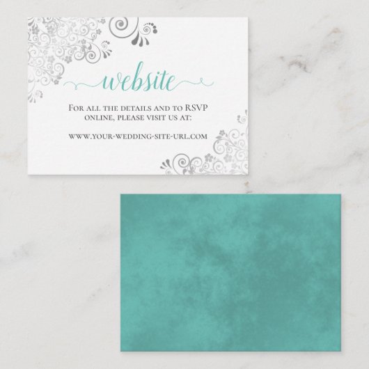 Website Aqua of Cyan & Silver Lace White Wedding Informatiekaartje (Voorkant / Achterkant)