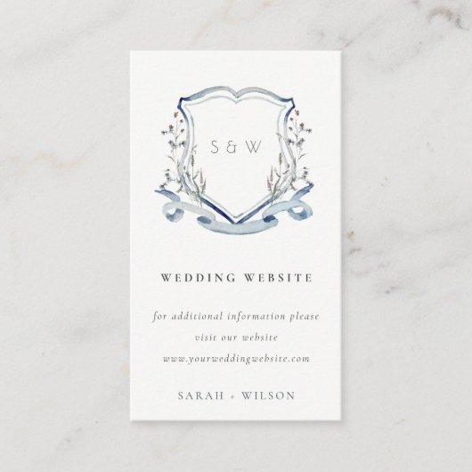 Website Elegant Blue Wildflower Crest Wedding Informatiekaartje (Voorkant)