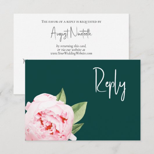 Website Elegant Dark Moody Emerald Blush Floral RSVP Kaartje (Voorkant / Achterkant)
