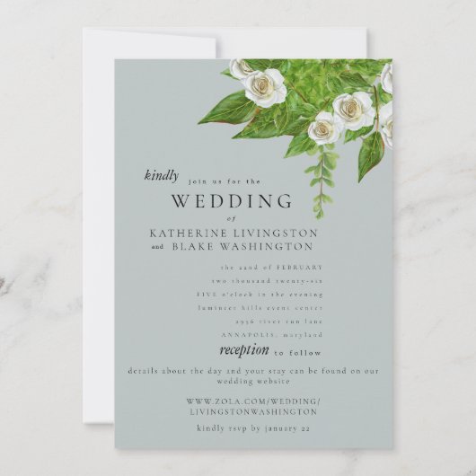 Website Elegant White Rose Greenery Wedding Kaart (Achterkant)