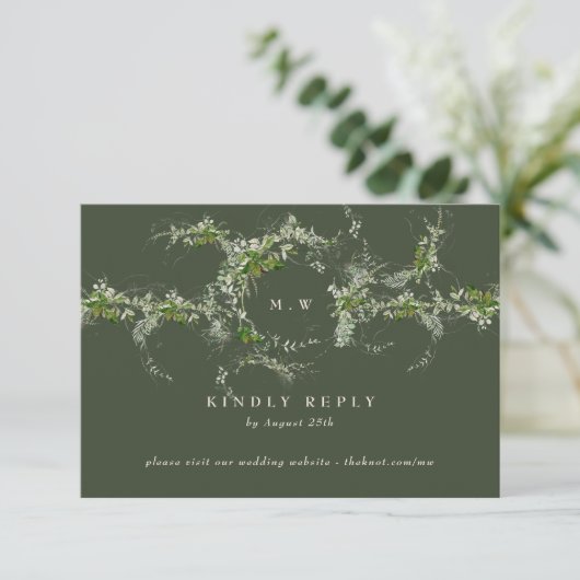 Website | Groene Eucalyptus Monogram bruiloft RSVP Kaartje (Staand voorkant)