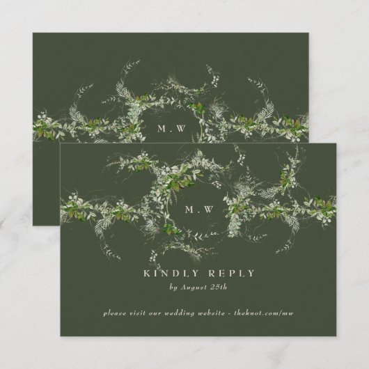 Website | Groene Eucalyptus Monogram bruiloft RSVP Kaartje (Voorkant / Achterkant)