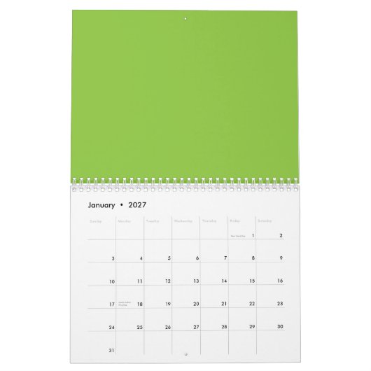 Website met een groene achtergrond en witte rand kalender (Jan 2027)