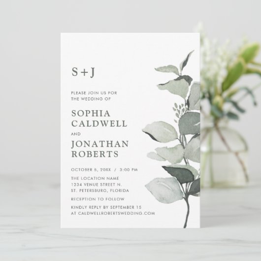 Website RSVP Eucalyptus Monogram Bruiloft Kaart (Staand voorkant)