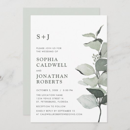 Website RSVP Eucalyptus Monogram Bruiloft Kaart (Voorkant / Achterkant)