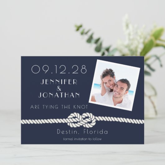 Website van Beach Nautical Rope Navy Save The Date (Staand voorkant)