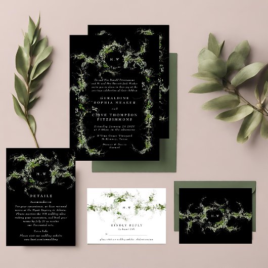 Website van Black White | Eucalyptus Monogram brui RSVP Kaartje