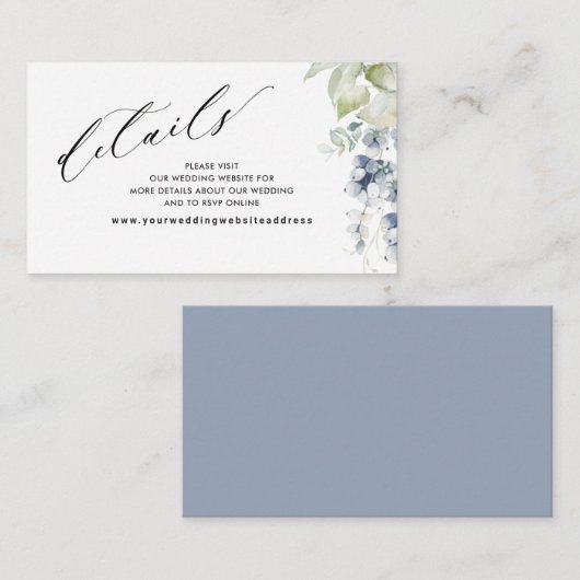 Website van de Elegant Dusty Blue Floral Wedding/D Informatiekaartje (Voorkant / Achterkant)
