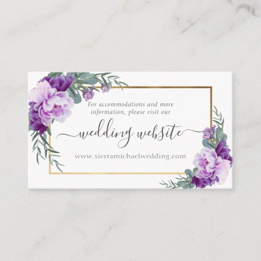 Website van de Elegant Paars & Gold Floral Wedding Informatiekaartje (Voorkant)