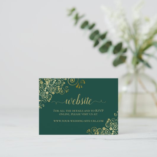 Website van Emerald Green en Gold Floral Lace Wedd Informatiekaartje (Staand voorkant)
