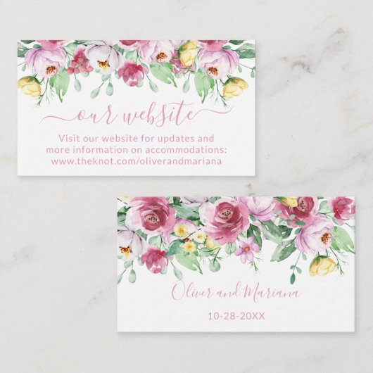 Website van het roze Floral Wedding Informatiekaartje (Voorkant / Achterkant)