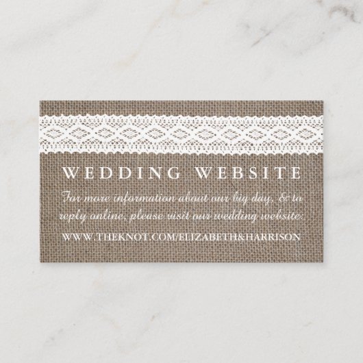 Website van Rustic Burlap en White Lace Wedding Informatiekaartje (Voorkant)