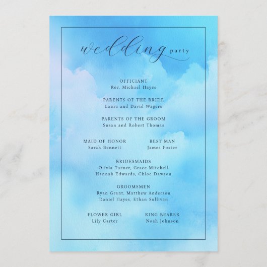 "Wed" Blue Cloudy Sky Ceremony Schedule Programmakaart (Achterkant)