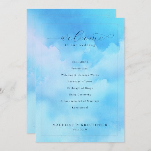 "Wed" Blue Cloudy Sky Ceremony Schedule Programmakaart (Voorkant / Achterkant)