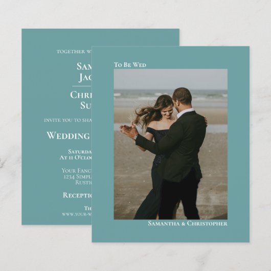 Wed Simple Blauwgroen BUDGET Weduwfoto Uitnodigen (Voorkant / Achterkant)