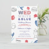 Wed White Blue BBQ Couples Shower Rehearings Dinne Kaart (Staand voorkant)