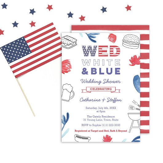 Wed White Blue BBQ Couples Shower Rehearings Dinne Kaart