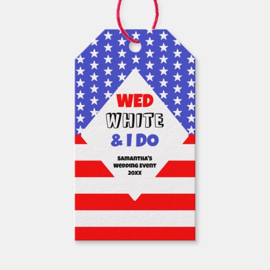 Wed, White en ik doen een patriottisch bruiloft ev Cadeaulabel (Voorkant)