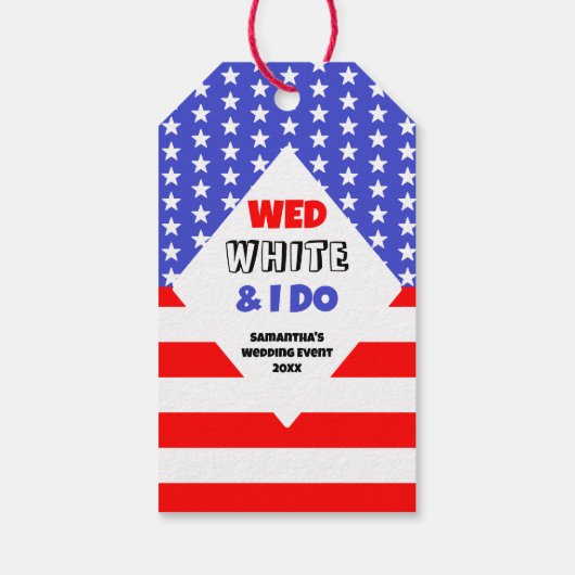 Wed, White en ik doen een patriottisch bruiloft ev Cadeaulabel (Achterkant)