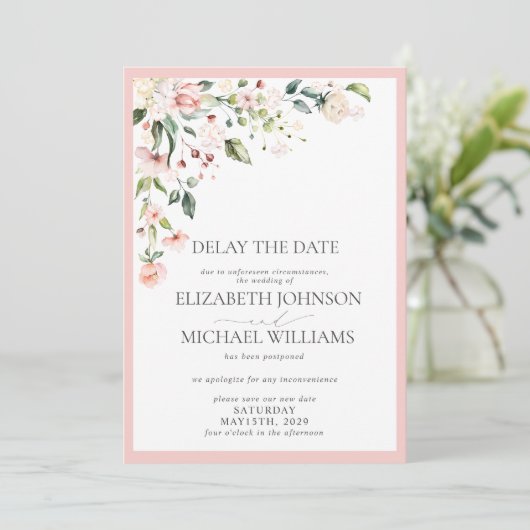Weddatum Uitstel Waterverf roze Floral Aankondiging (Staand voorkant)