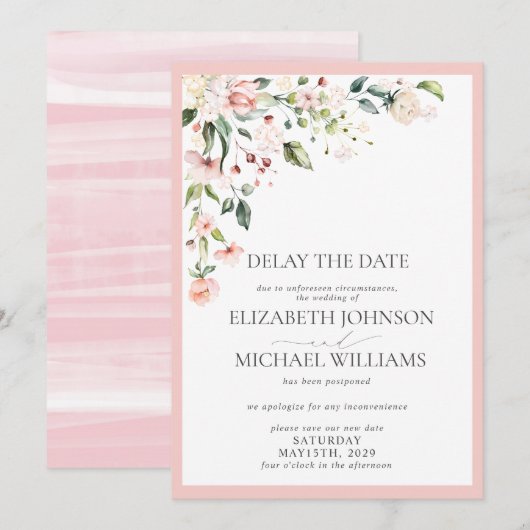 Weddatum Uitstel Waterverf roze Floral Aankondiging (Voorkant / Achterkant)