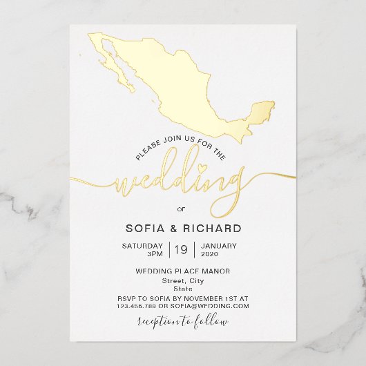 Wedde Destination Mexico Gold Foil Heart Folie Uitnodiging (Voorkant)