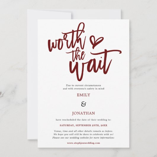 Wedden Worth the Wait Script Burgundy Save The Date (Voorkant)