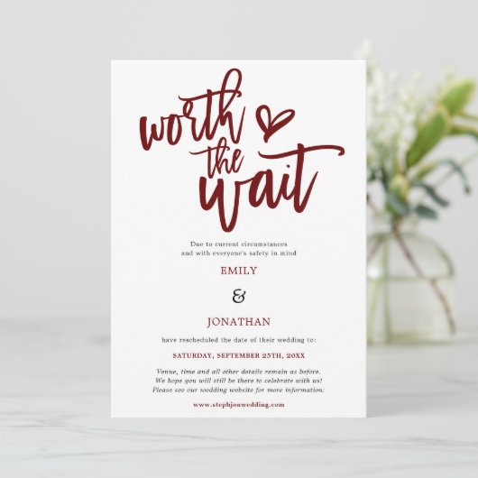 Wedden Worth the Wait Script Burgundy Save The Date (Staand voorkant)