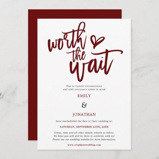 Wedden Worth the Wait Script Burgundy Save The Date (Voorkant / Achterkant)