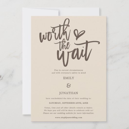 Wedden Worth the Wait Script Cream Brown Save The Date (Voorkant)